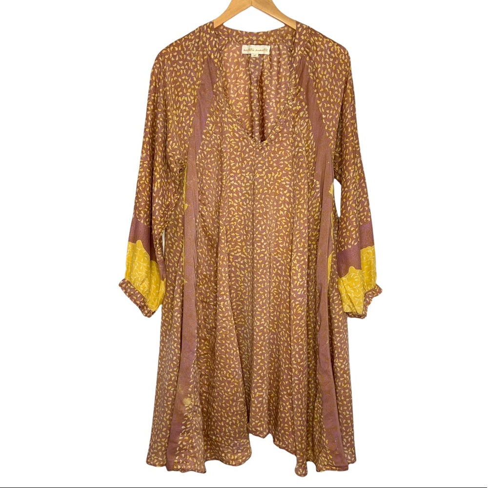 Natalie Martin Womens Fiore Silk Printed Long Sleeve Dress Medium Brown V Neck